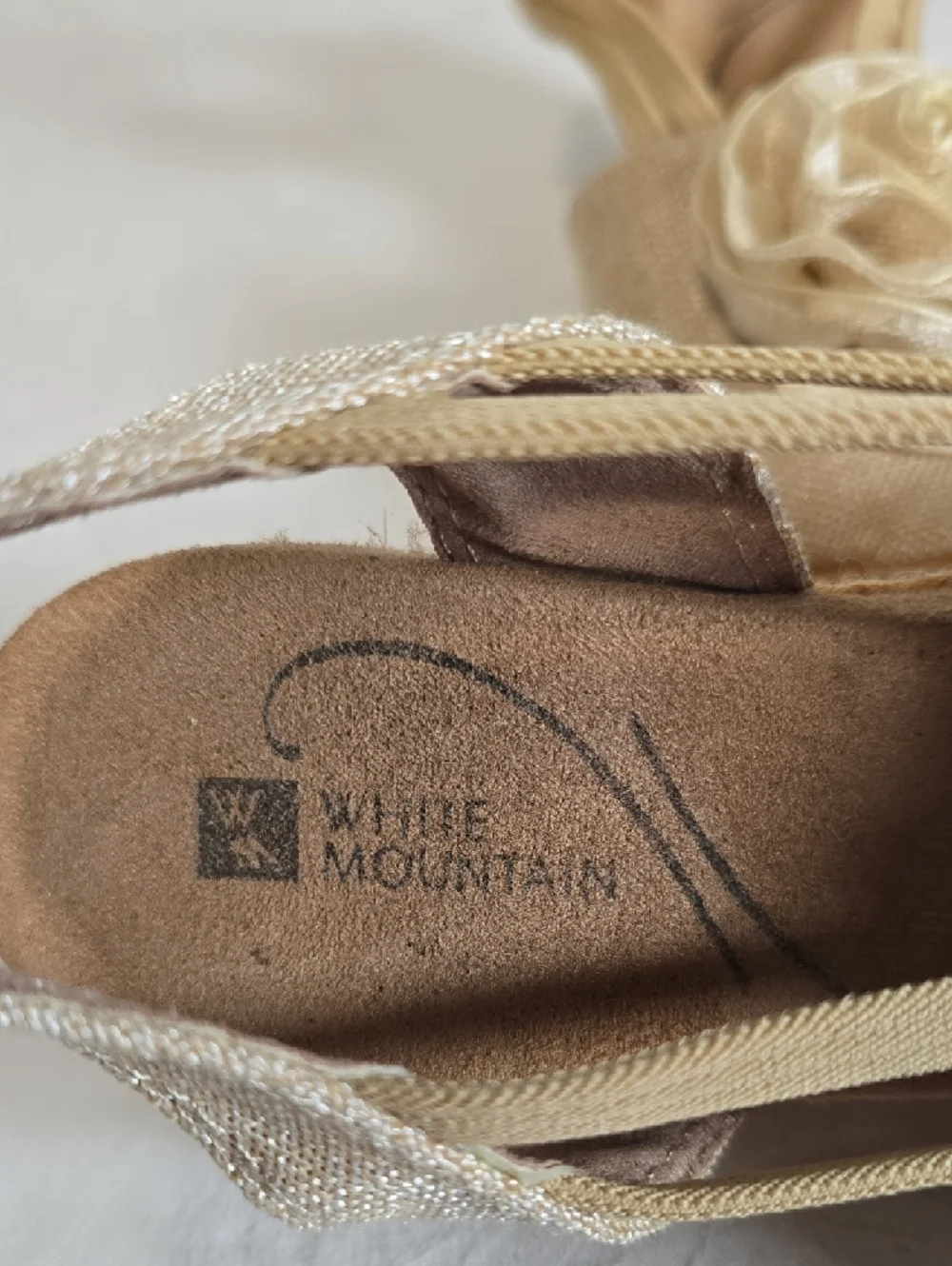 White Mountain Beige Espadrille Wedge Slingbacks with Floral Rosettes Size 6